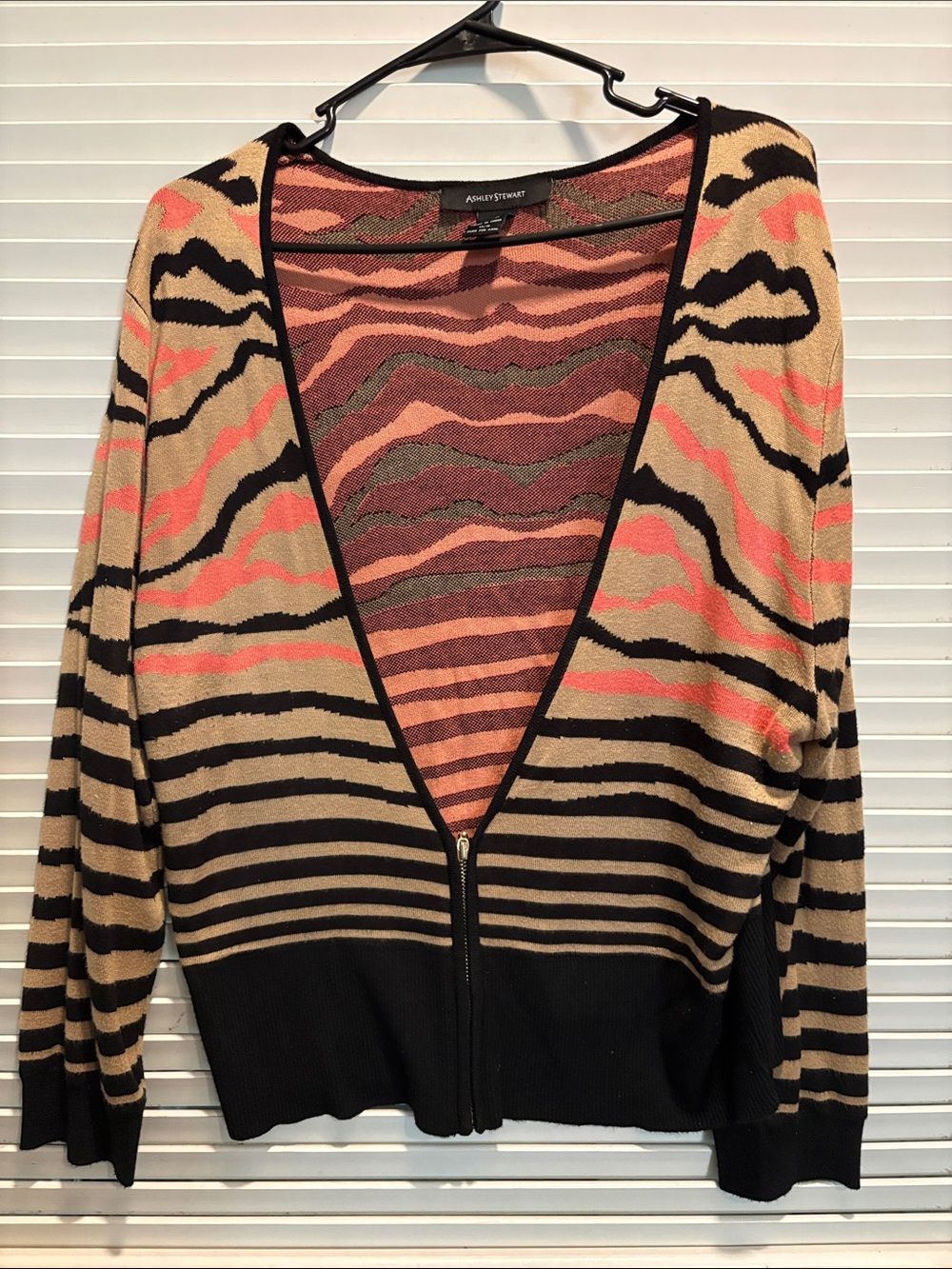 Ashley Stewart Tan, Coral & Black Striped Zip-Front Sweater Cardigan